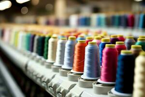 textil- trasa fabrik industri med broderi maskin, stickning eller spinning. sömnad tråd företag begrepp förbi ai genererad foto