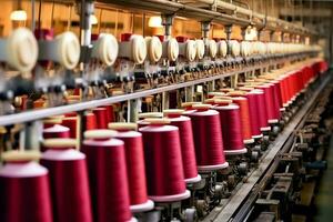 textil- trasa fabrik industri med broderi maskin, stickning eller spinning. sömnad tråd företag begrepp förbi ai genererad foto