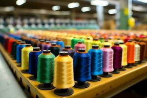 textil- trasa fabrik industri med broderi maskin, stickning eller spinning. sömnad tråd företag begrepp förbi ai genererad foto