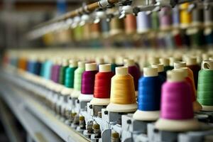 textil- trasa fabrik industri med broderi maskin, stickning eller spinning. sömnad tråd företag begrepp förbi ai genererad foto