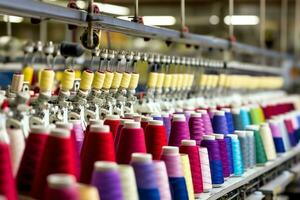 textil- trasa fabrik industri med broderi maskin, stickning eller spinning. sömnad tråd företag begrepp förbi ai genererad foto