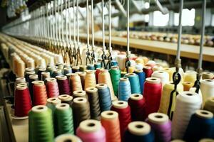 textil- trasa fabrik industri med broderi maskin, stickning eller spinning. sömnad tråd företag begrepp förbi ai genererad foto