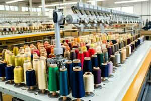 textil- trasa fabrik industri med broderi maskin, stickning eller spinning. sömnad tråd företag begrepp förbi ai genererad foto