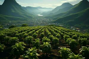 skön se av en te fält plantage, vingård bruka eller jordgubb trädgård i de grön kullar på soluppgång begrepp förbi ai genererad foto