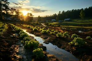 skön se av en te fält plantage, vingård bruka eller jordgubb trädgård i de grön kullar på soluppgång begrepp förbi ai genererad foto