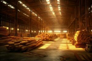 trä- planka eller styrelse i de virke kvarn industri. stack av loggar och trä i de sågverk produktion begrepp förbi ai genererad foto