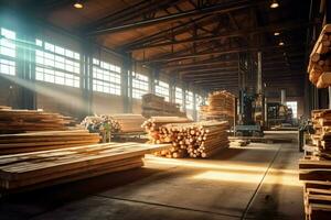 trä- planka eller styrelse i de virke kvarn industri. stack av loggar och trä i de sågverk produktion begrepp förbi ai genererad foto