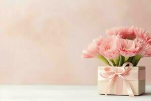 dekorativ av tulpaner blommor bukett eller insvept gåva låda. för mödrar dag eller valentine med copy begrepp förbi ai genererad foto