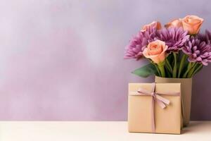 dekorativ av tulpaner blommor bukett eller insvept gåva låda. för mödrar dag eller valentine med copy begrepp förbi ai genererad foto