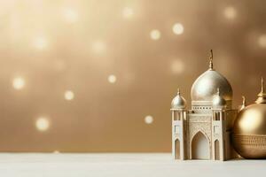 eid mubarak och ramadan kareem hälsningar med kopia Plats. eid al fitr islamic lykta och moské begrepp förbi ai genererad foto