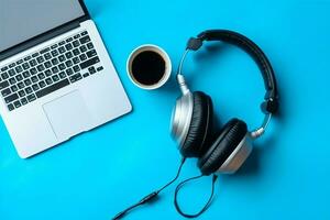 musik eller podcast bakgrund med elektronisk enheter, hörlurar, kaffe och bärbar dator på kontor skrivbord begrepp förbi ai genererad foto