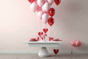 skön valentine dag bakgrund med gåva låda, band, röd hjärtan, presenterar, ro och kopia Plats begrepp förbi ai genererad foto