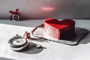 skön valentine dag bakgrund med gåva låda, band, röd hjärtan, presenterar, ro och kopia Plats begrepp förbi ai genererad foto