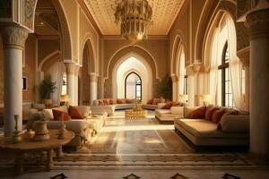 mycket lyxig rum och stor med väggar dekorerad med marockansk mosaik. rum i traditionell islamic begrepp förbi ai genererad foto