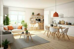 modern lägenhet interiör i levande design med arbetssätt tabell och bokhylla. lyx Hem scandinavian begrepp förbi ai genererad foto