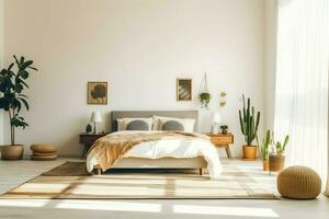 modern sovrum interiör design i lägenhet eller hus med möbel. lyx sovrum scandinavian begrepp förbi ai genererad foto