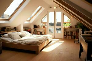 modern vindskupor loft omvandling interiör design i lägenhet eller hus på Storbritannien. lyx triangel vinden rum begrepp förbi ai genererad foto