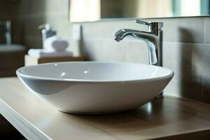 modern offentlig badrum med rad av vit keramisk tvätta handfat bassänger och kran med spegel i toalett begrepp förbi ai genererad foto