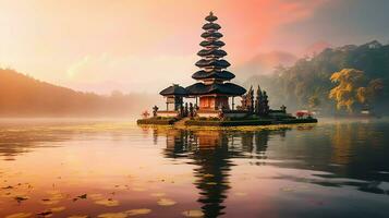 gammal pura ulun danu bratan, Besakih eller känd hindu tempel och turist i bali ö på soluppgång begrepp förbi ai genererad foto