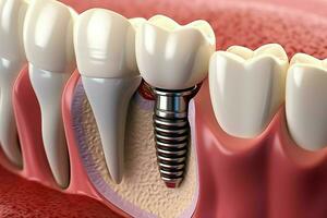 stänga upp av en dental tand implantera eller friska mänsklig tänder. vit emalj och dental implantat kirurgi begrepp förbi ai genererad foto