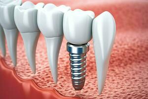 stänga upp av en dental tand implantera eller friska mänsklig tänder. vit emalj och dental implantat kirurgi begrepp förbi ai genererad foto