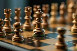 schackbräde med företag strategi, taktik och konkurrens av en schack spel. företag och ledarskap begrepp förbi ai genererad foto