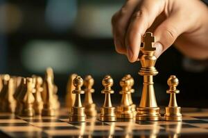 schackbräde med företag strategi, taktik och konkurrens av en schack spel. företag och ledarskap begrepp förbi ai genererad foto