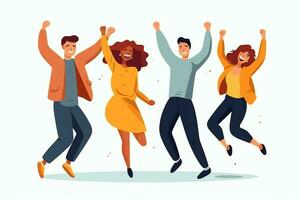 Lycklig människor Hoppar och glädjande fira seger. efterföljande vinnande och Lycklig i platt tecknad serie begrepp förbi ai genererad foto