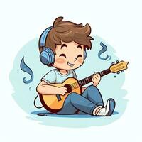 söt pojke spelar gitarr och lyssnande till musik med headsetet i tecknad serie stil. ungdom dag eller musik dag begrepp förbi ai genererad foto
