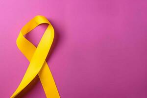 rosa eller lila band som bröst cancer eller epilepsi medvetenhet symbol och kopia Plats. värld cancer dag begrepp förbi ai genererad foto