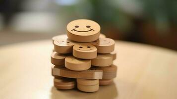 en trä- blockera märka med Lycklig leende koppla av ansikte Bra respons kund. värld mental hälsa dag begrepp förbi ai genererad foto