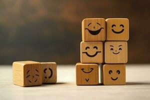 en trä- blockera märka med Lycklig leende koppla av ansikte Bra respons kund. värld mental hälsa dag begrepp förbi ai genererad foto