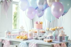 festlig födelsedag fest dekorationer på tabell med kaka, närvarande lådor och ballonger på pastell Färg begrepp förbi ai genererad foto