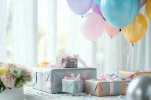 festlig födelsedag fest dekorationer på tabell med kaka, närvarande lådor och ballonger på pastell Färg begrepp förbi ai genererad foto