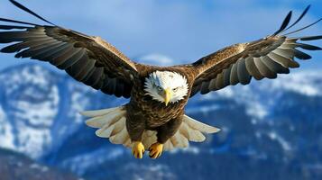 Örn fritt flygande under de solljus och blå himmel. predatory fågel jakt i safari öst afrika begrepp förbi ai genererad foto