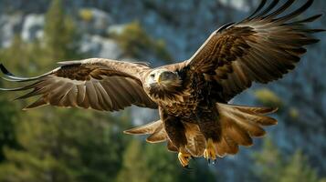 Örn fritt flygande under de solljus och blå himmel. predatory fågel jakt i safari öst afrika begrepp förbi ai genererad foto