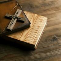 stänga upp av en helig bibel och kristen korsa på trä- tabell. Lycklig Bra fredag eller religion begrepp förbi ai genererad foto