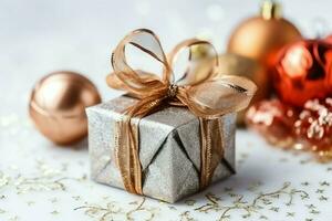 en jul gåva, xmas eller närvarande låda objekt på Semester humör bakgrund i vinter. glad jul begrepp förbi ai genererad foto