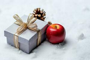 en jul gåva, xmas eller närvarande låda objekt på Semester humör bakgrund i vinter. glad jul begrepp förbi ai genererad foto