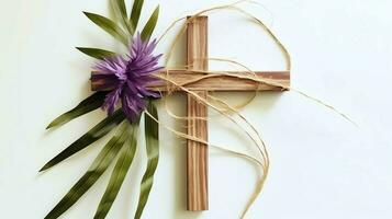 en kristen trä- korsa krucifix tecken med grön handflatan löv som religiös Semester. handflatan söndag händelse begrepp förbi ai genererad foto