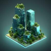 isometrisk miniatyr- stad byggnad, skyskrapa och träd foto