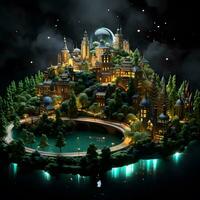 miniatyr- fantasi landskap med slott sjö och måne foto