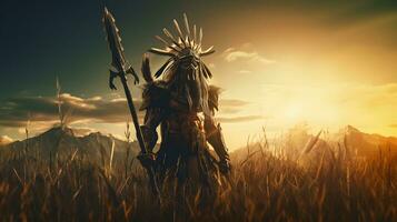 inföding amerikan indisk krigare med spjut i de fält på solnedgång foto