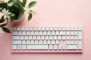 rosa kontor skrivbord bakgrund med dator tangentbord ai generativ foto