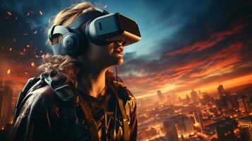 en ung flicka bär förändrad verklighet glasögon i en dator spel i de virtuell värld foto