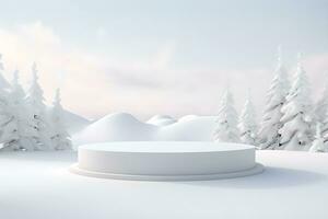 3d podium minimal falsk upp tom skede med landskap snö vinter- scen, för produkt visa presentation design, ai generera foto