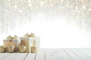 jul gåva lådor på trä tabell dekorationer med lampor bokeh suddig bakgrund, ai generera foto