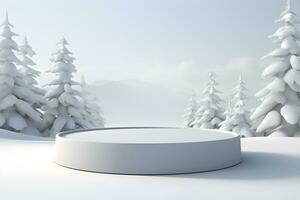 3d podium minimal falsk upp tom skede med landskap snö vinter- scen, för produkt visa presentation design, ai generera foto