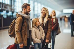 familj med barn på flygplats väntar område foto