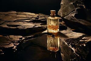 parfym flaska eller whisky flaska i elegant stil på de bakgrund av stenar foto